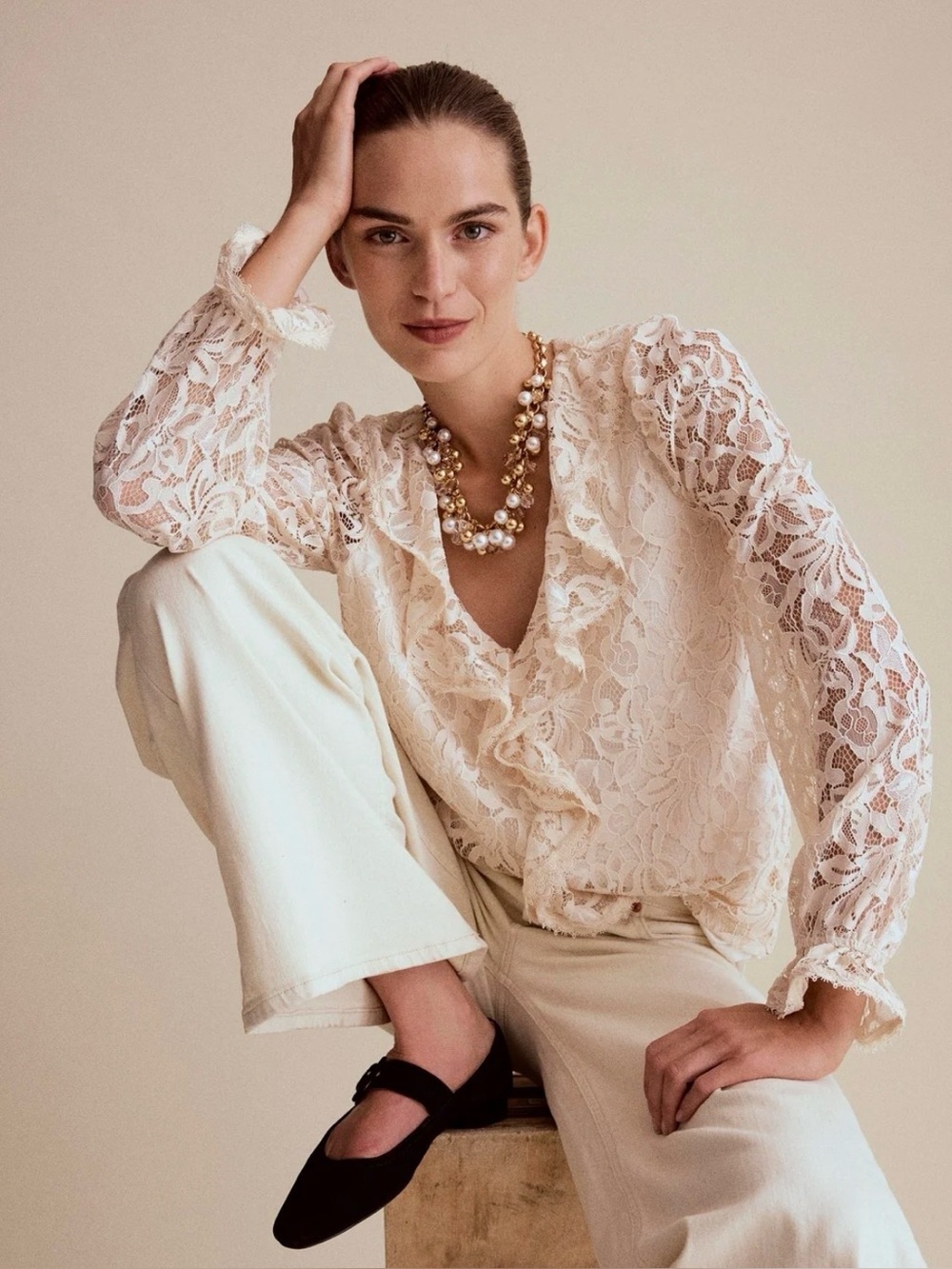 Boden Knit Lace Ruffle Top New with Tags US Size 8 Cream Victorian Romantic - Picture 1 of 13